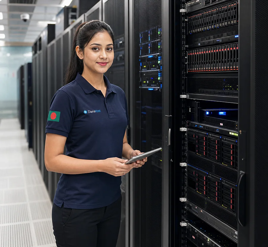 Illustrative data-center scene with a server engineer and rack infrastructure for DianaHost BDIX Hosting