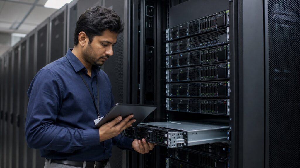 Server engineer inspecting rackmount servers for BDIX and international hosting