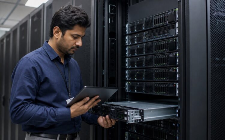 Server engineer inspecting rackmount servers for BDIX and international hosting