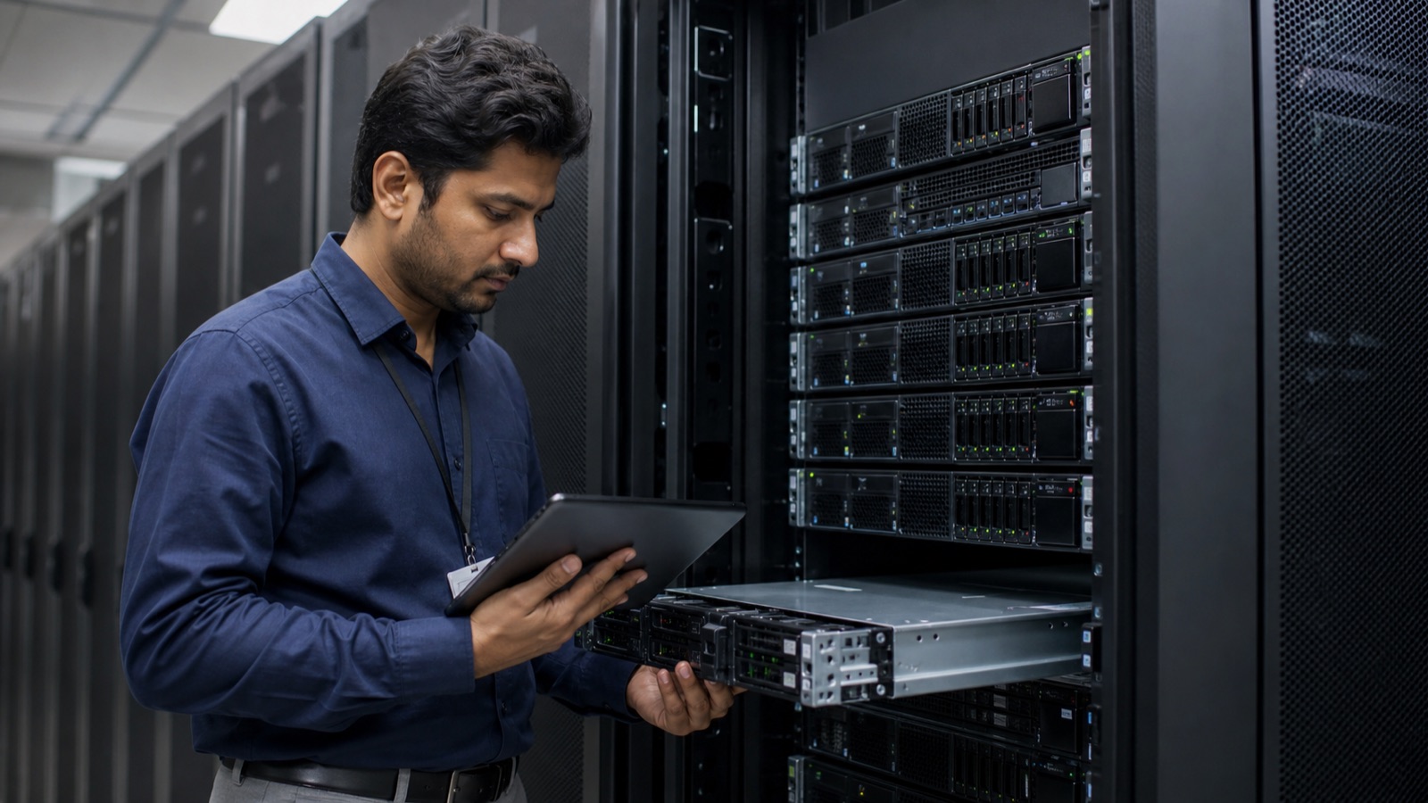 Server engineer inspecting rackmount servers for BDIX and international hosting