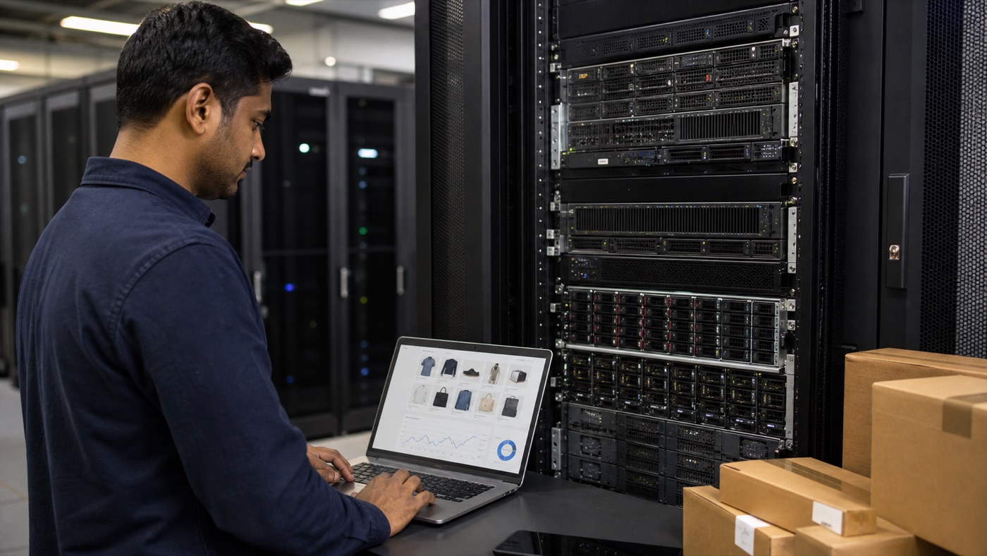 Ecommerce website monitored beside rackmount hosting servers