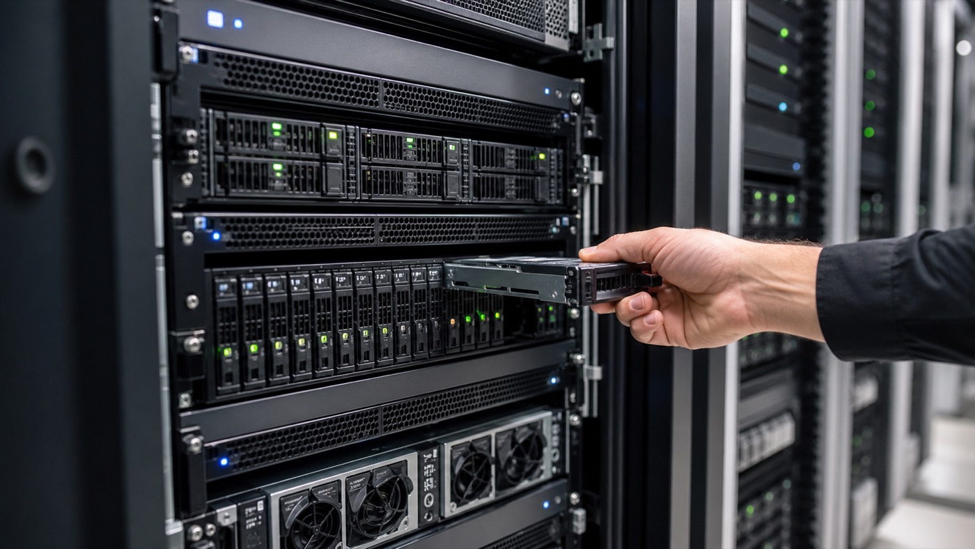 NVMe server drive being installed in enterprise hosting infrastructure