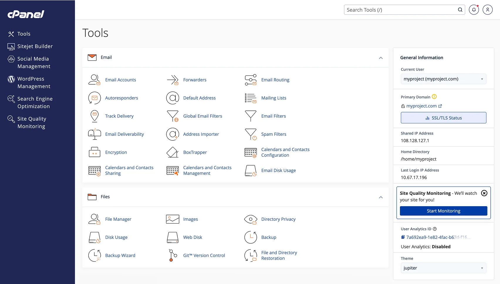 Official cPanel Tools dashboard screenshot showing email, file, domain and account management tools