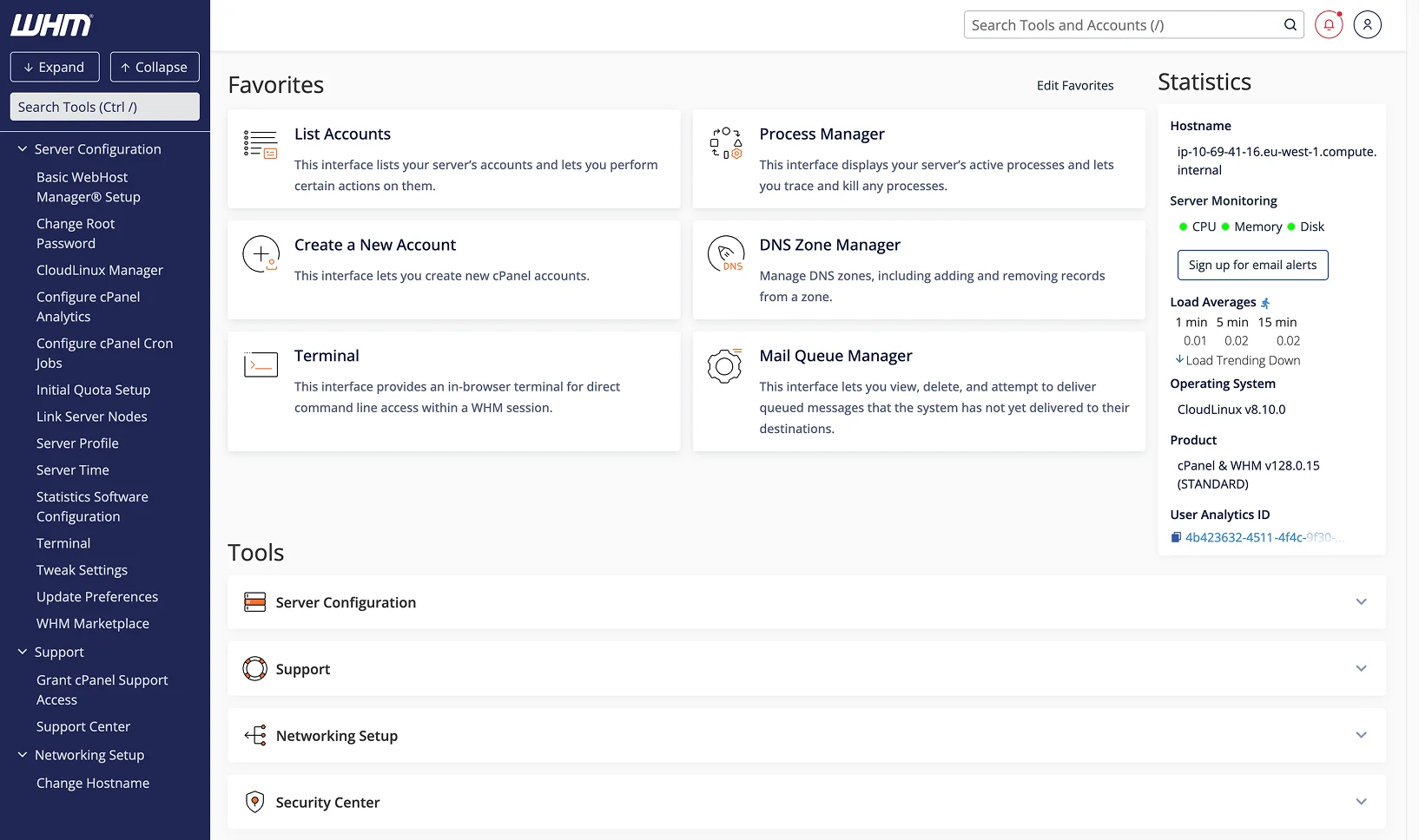 Official WHM dashboard screenshot showing account, server and package management tools