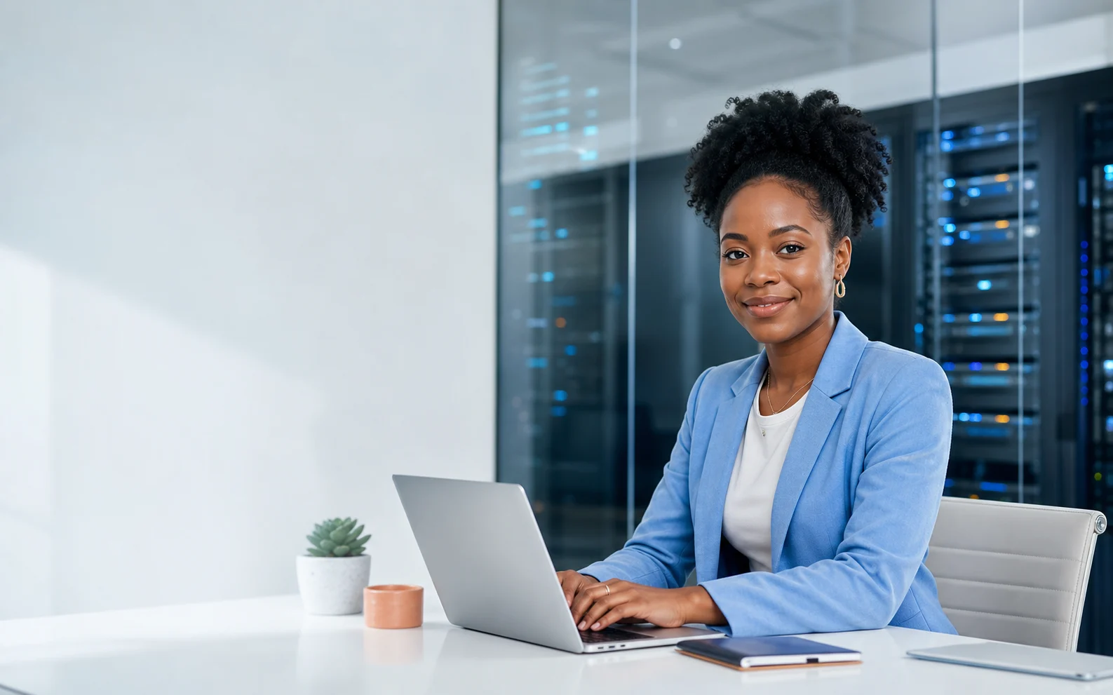 Global female technology entrepreneur managing a reseller hosting business from a modern workspace