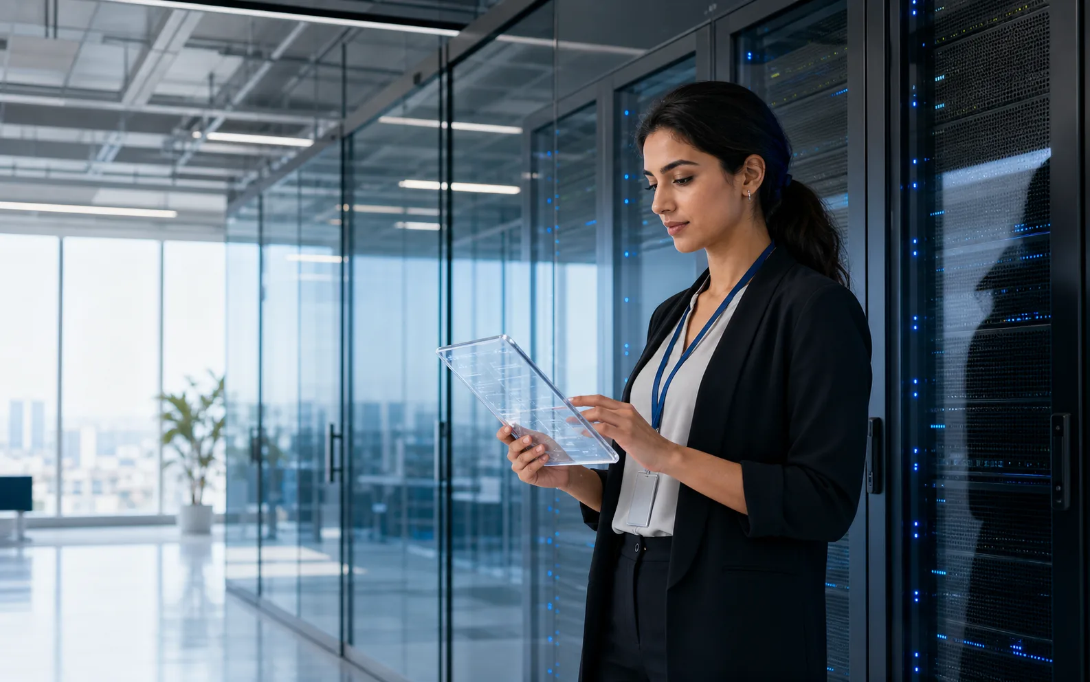 Conceptual female infrastructure engineer reviewing a reseller hosting platform