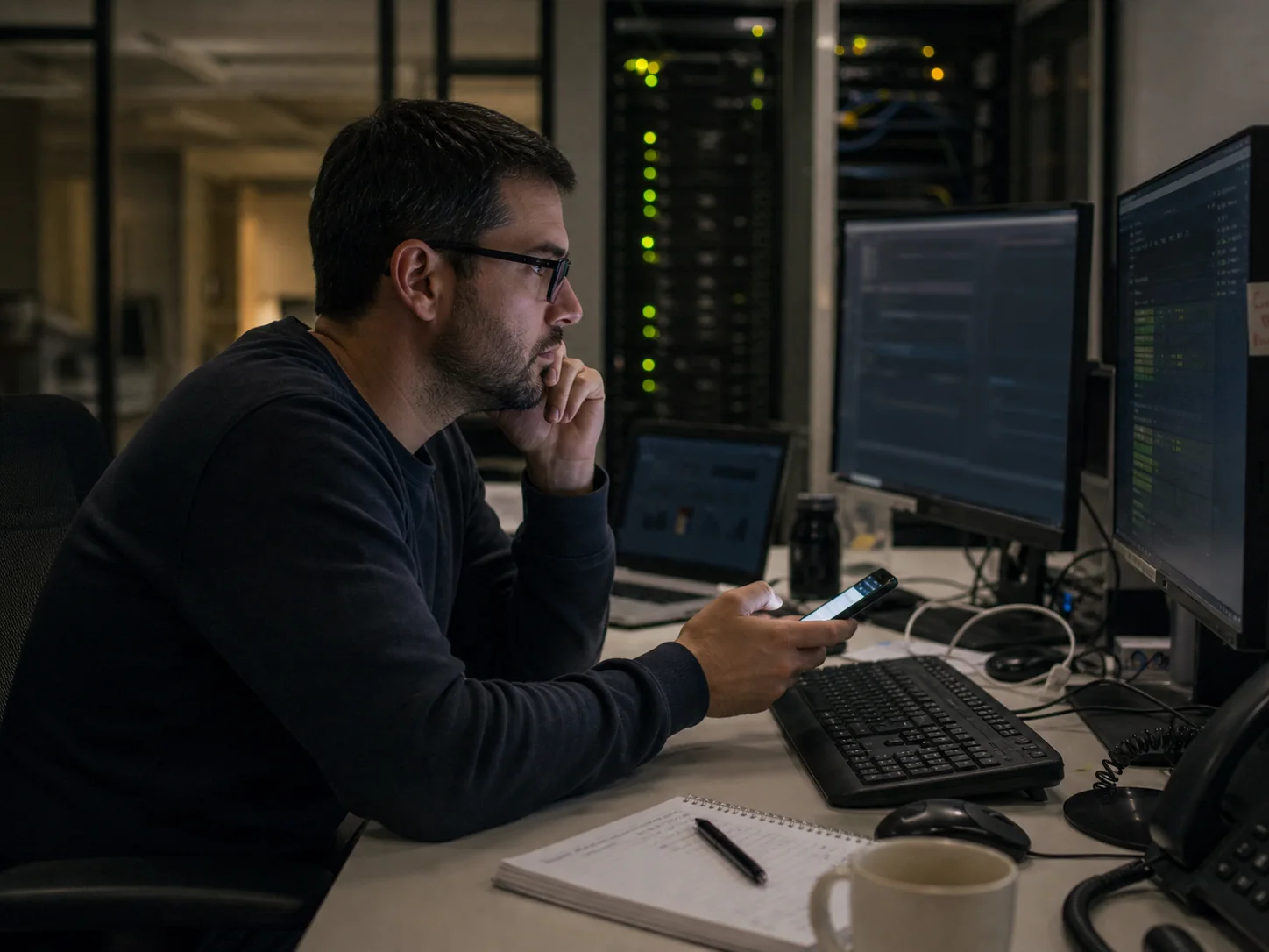 Operations analyst reviewing infrastructure alerts before routing an incident signal