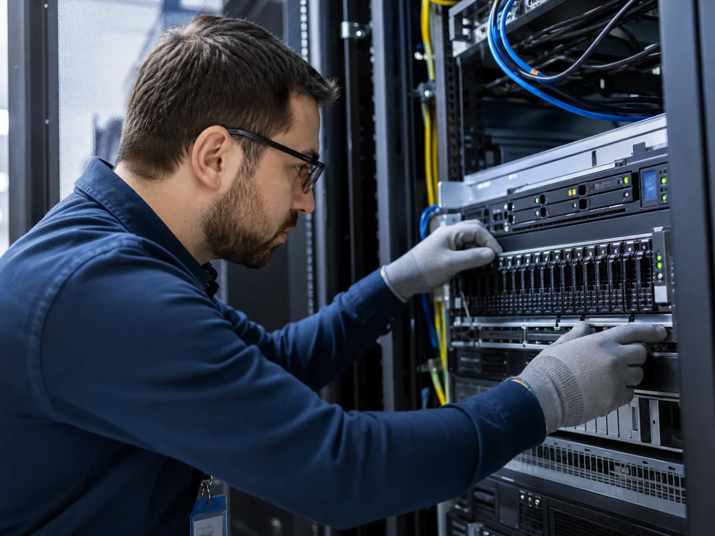 Engineer maintaining rack servers