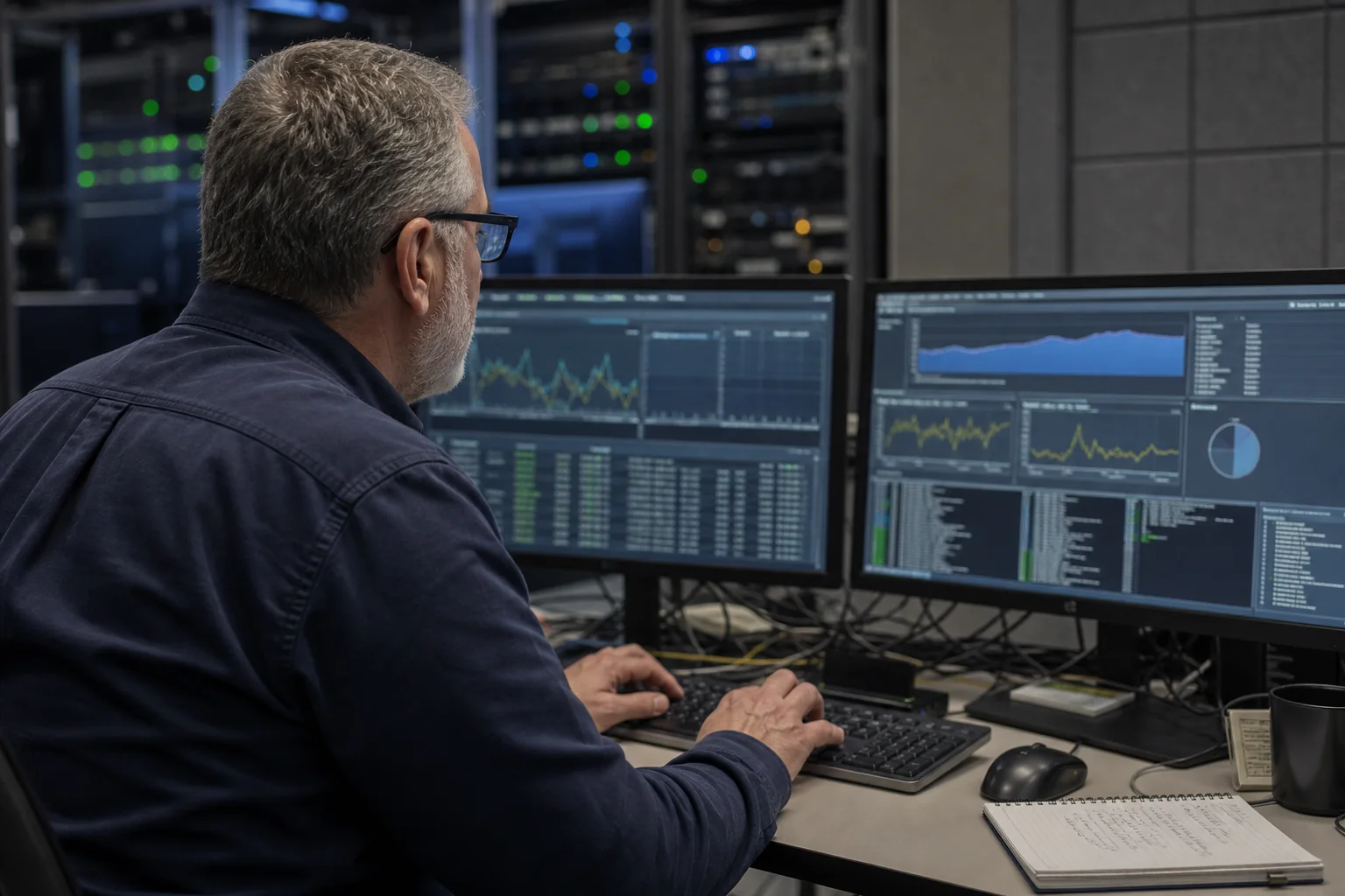 Monitoring specialist reviewing server health and uptime signals in an operations room