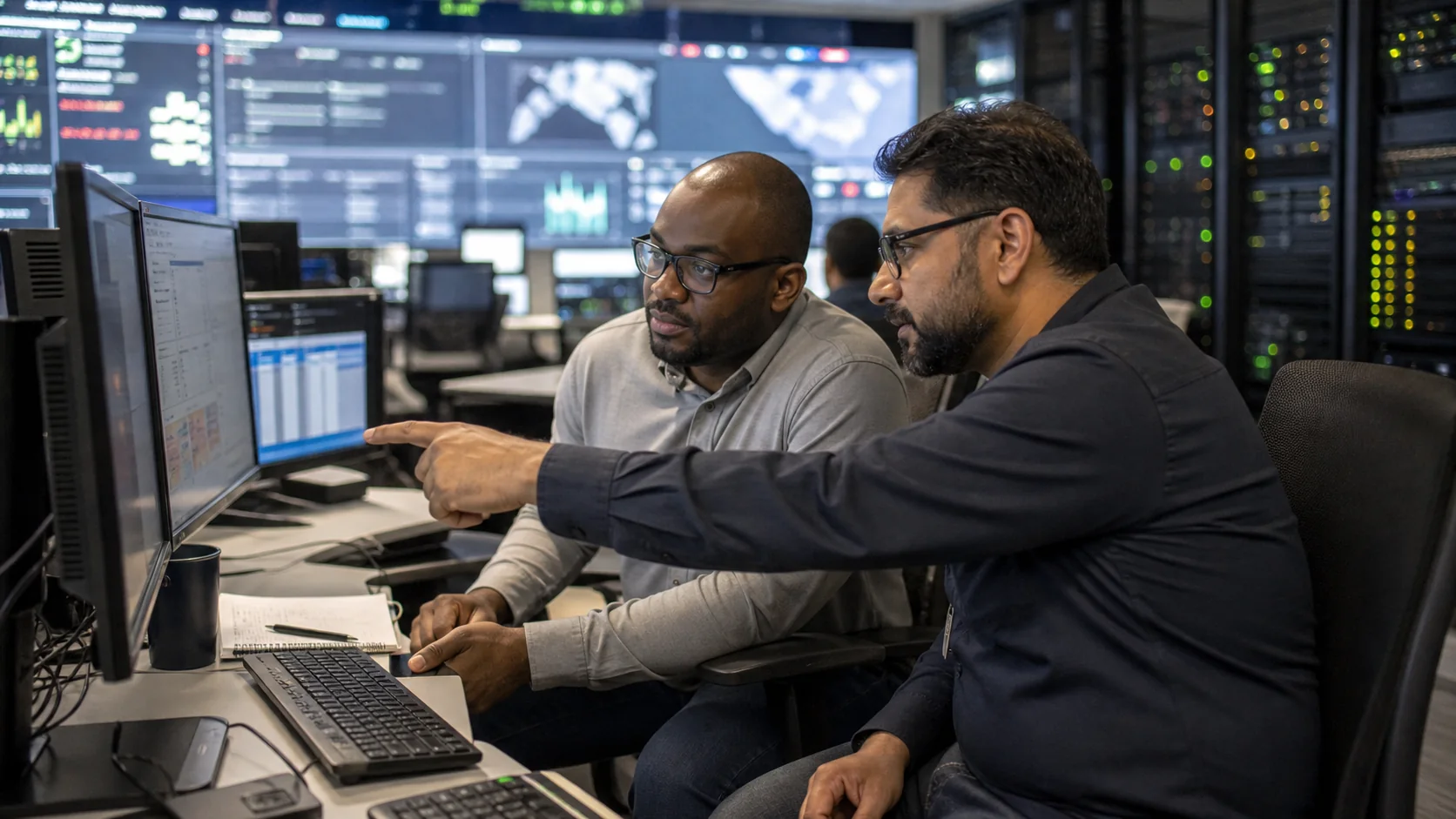 Infrastructure engineers reviewing server health in a professional global operations center