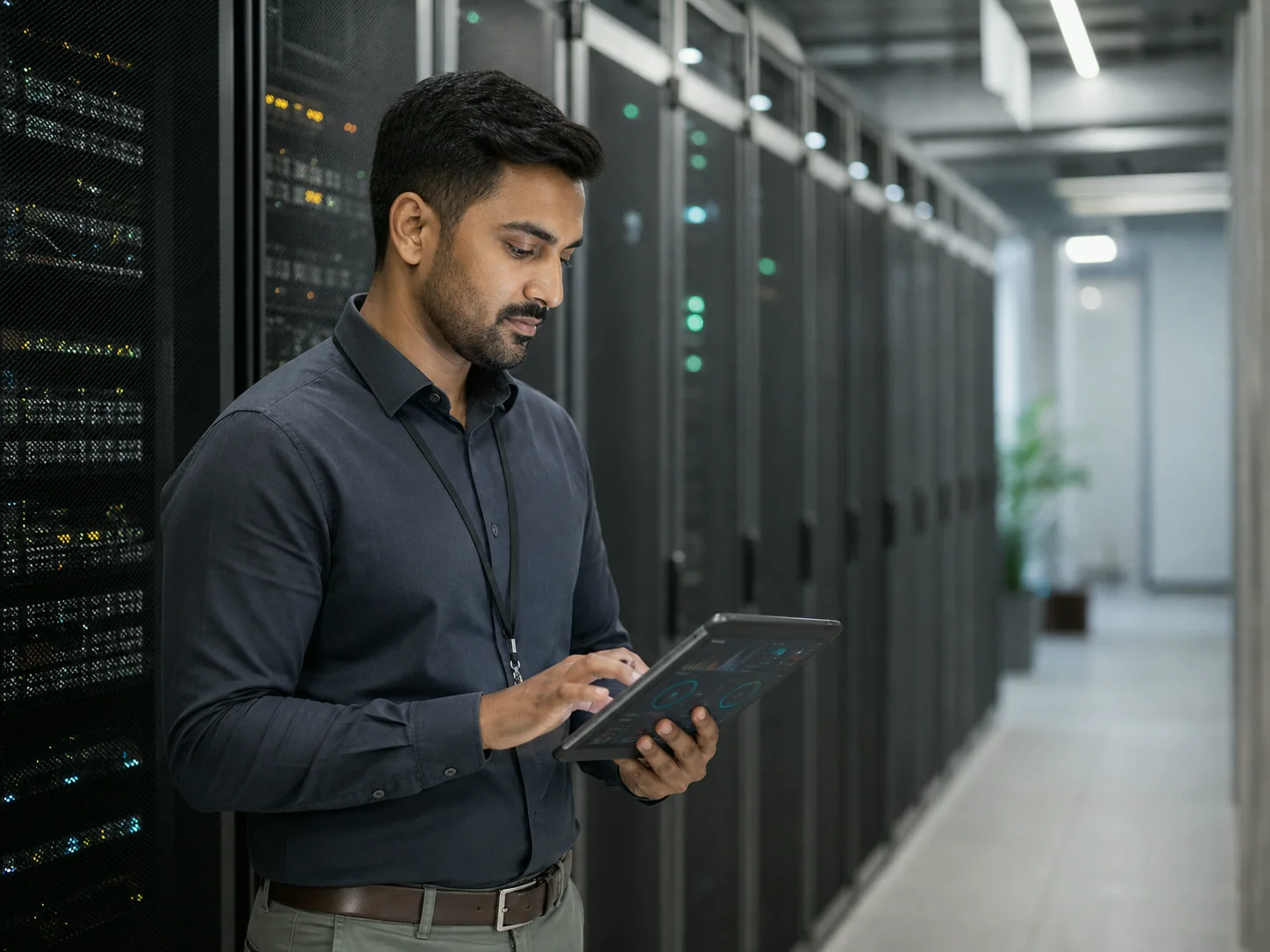 Engineer reviewing server uptime and resource metrics beside production infrastructure