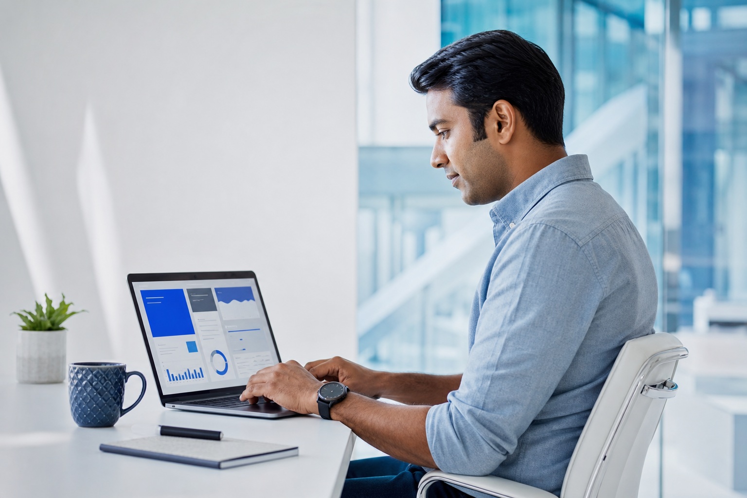 Business owner managing a website from a modern global workspace