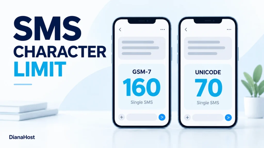 SMS encoding comparison showing 160 GSM-7 units and 70 Unicode units in a single SMS.