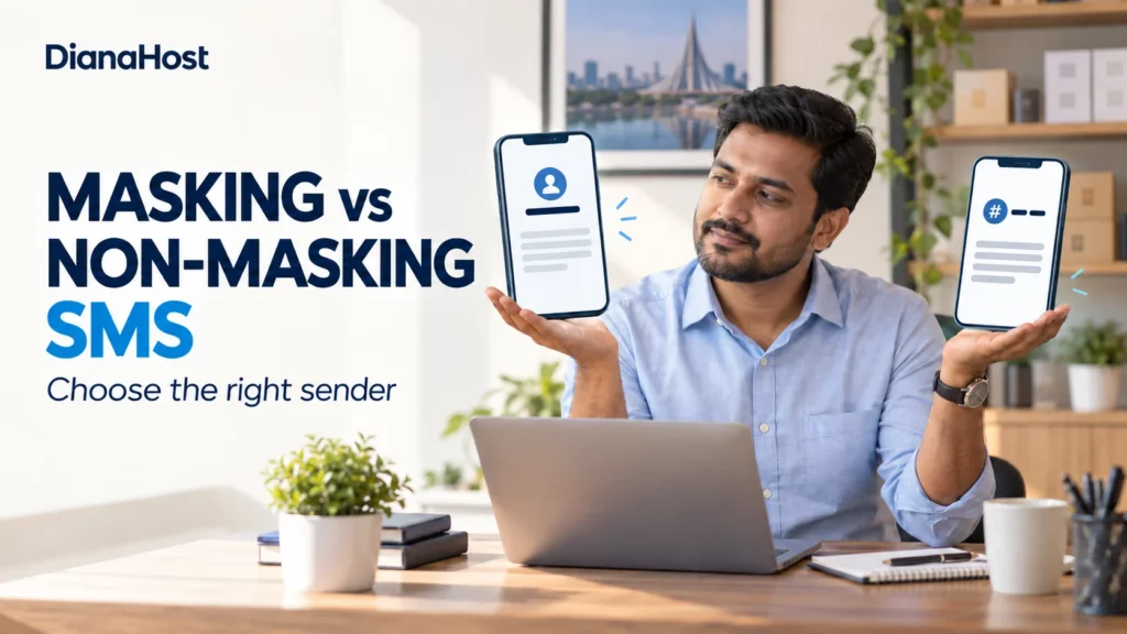 AI illustration of a Bangladeshi business owner comparing brand-name and numeric SMS sender options.