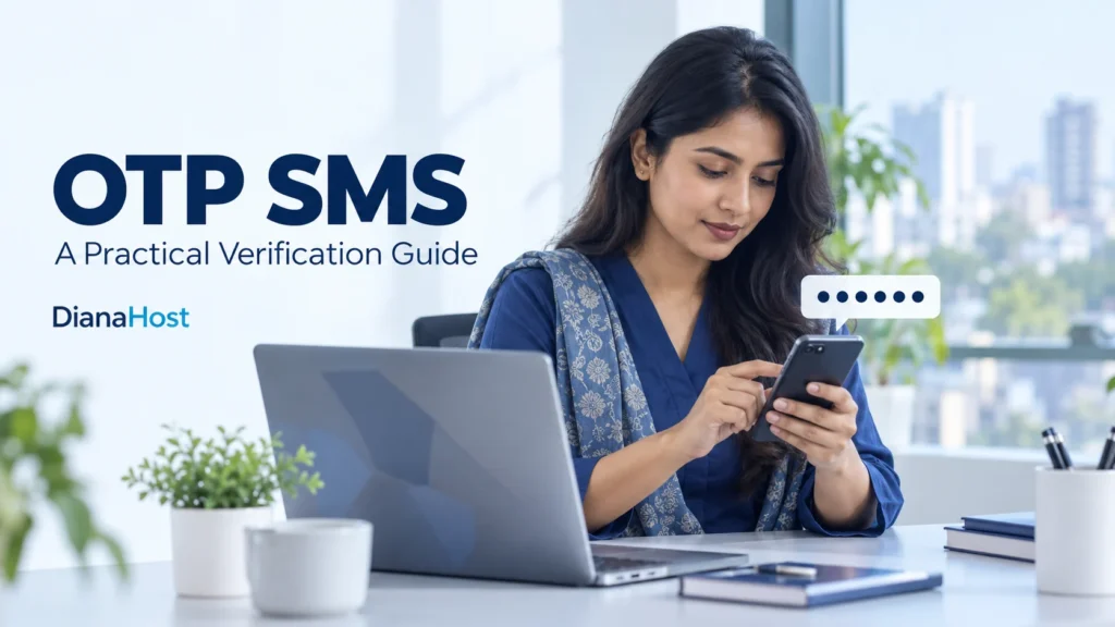 AI illustration of a Bangladeshi professional using a phone beside a laptop, with a conceptual six-dot OTP message.
