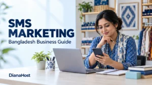 AI illustration of a Bangladeshi small business owner planning SMS marketing with a phone and laptop.